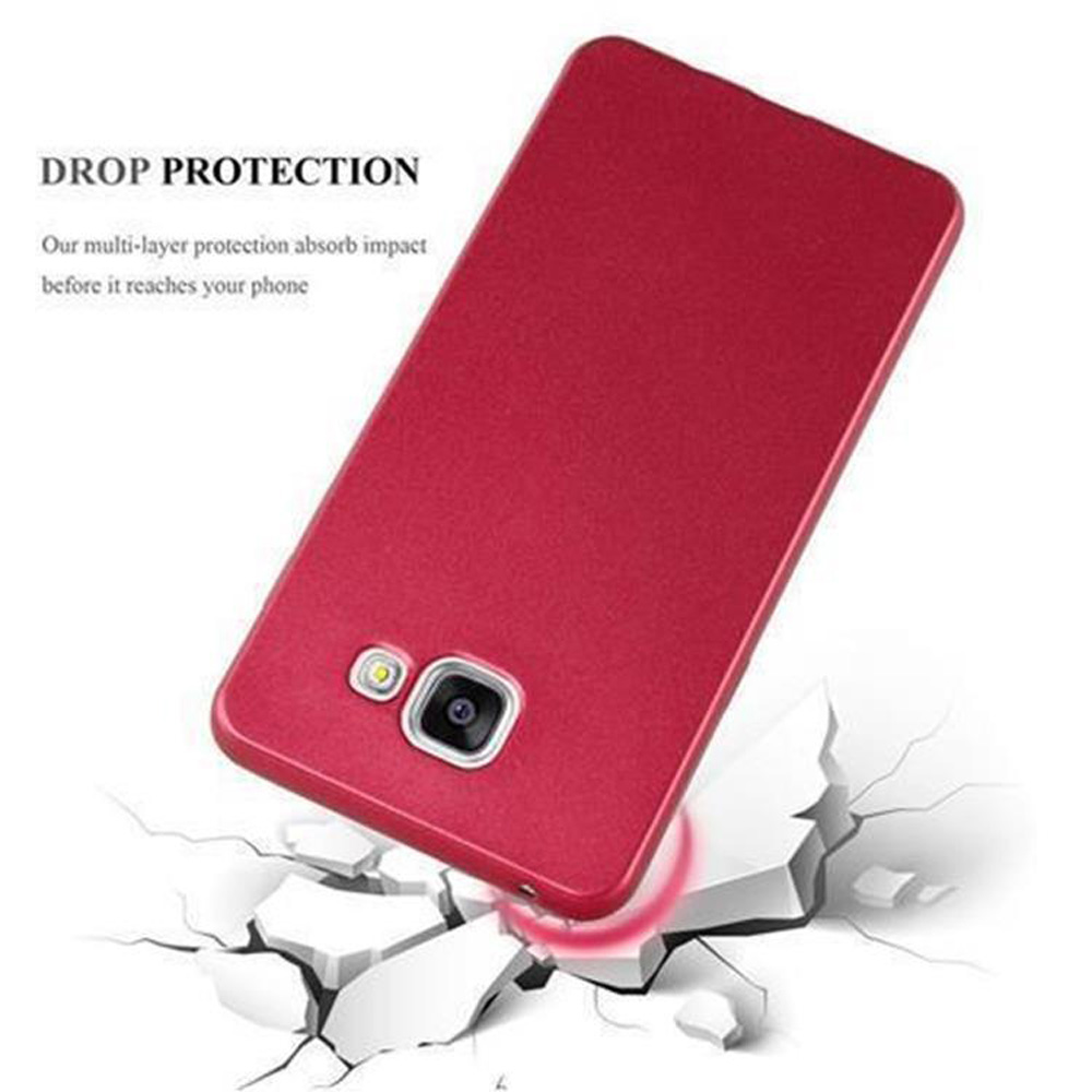 Rote Handyhülle mit Telefon. Weiße Blöcke darunter, Text: Drop Protection.