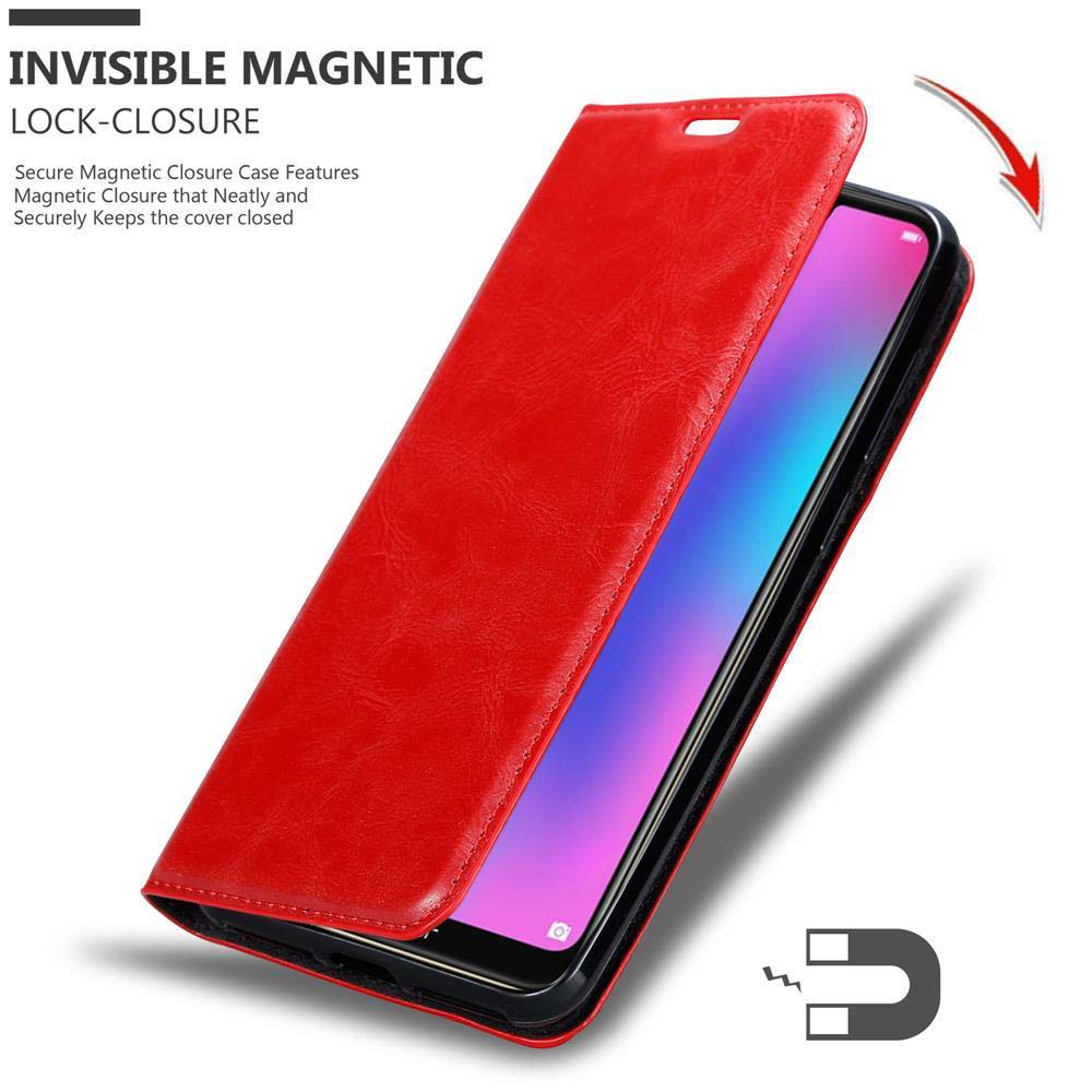 Rote Handyhülle, offen. Schwarzes Telefon innen. Text: Invisible Magnetic Lock-Closure. Weißer Hintergrund.