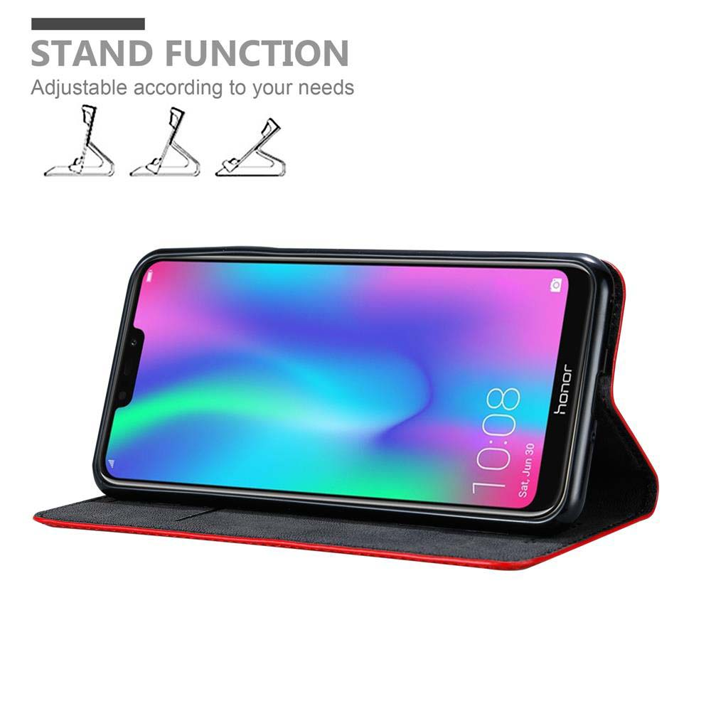Telefon in einer Folio-Hülle, geöffnet, um den Bildschirm anzuzeigen. Schwarze Hülle mit rotem Innenraum.