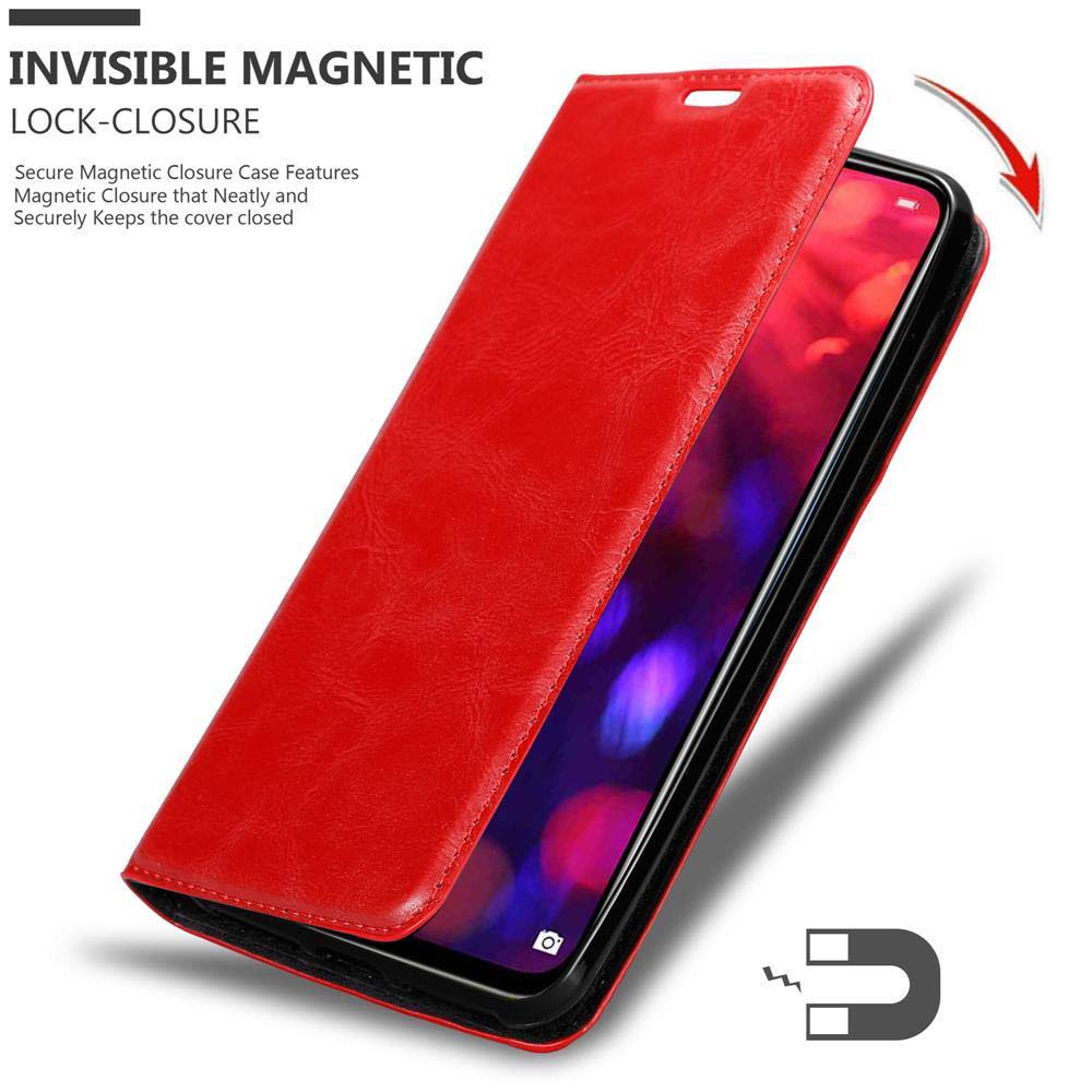 Una custodia rossa per telefono con uno smartphone all'interno. Mostra lo schermo del telefono e un grafico di un magnete.