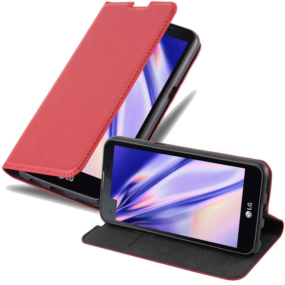 Un telefono LG in una custodia in pelle rossa, aperto. Il telefono mostra un'immagine astratta colorata.