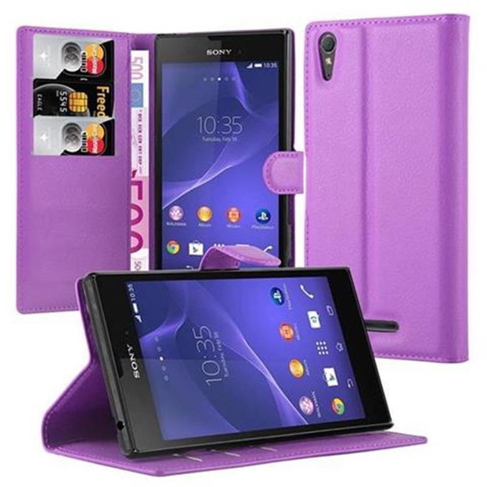 Custodia per telefono viola con telefono dentro. Carte di credito e denaro visibili. Un'altra custodia dietro.