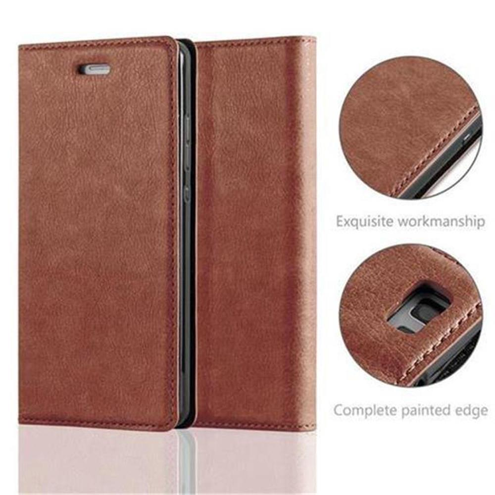 Funda de teléfono de cuero marrón, abierta para revelar el teléfono. Primeros planos muestran costuras.