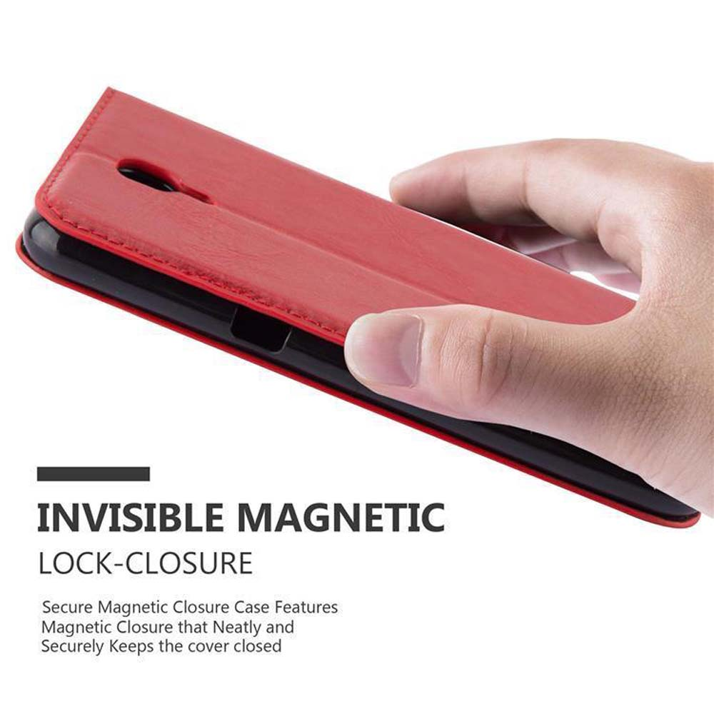 Una mano che tiene una custodia rossa per telefono. Viene visualizzato il testo Chiusura a blocco magnetico invisibile.