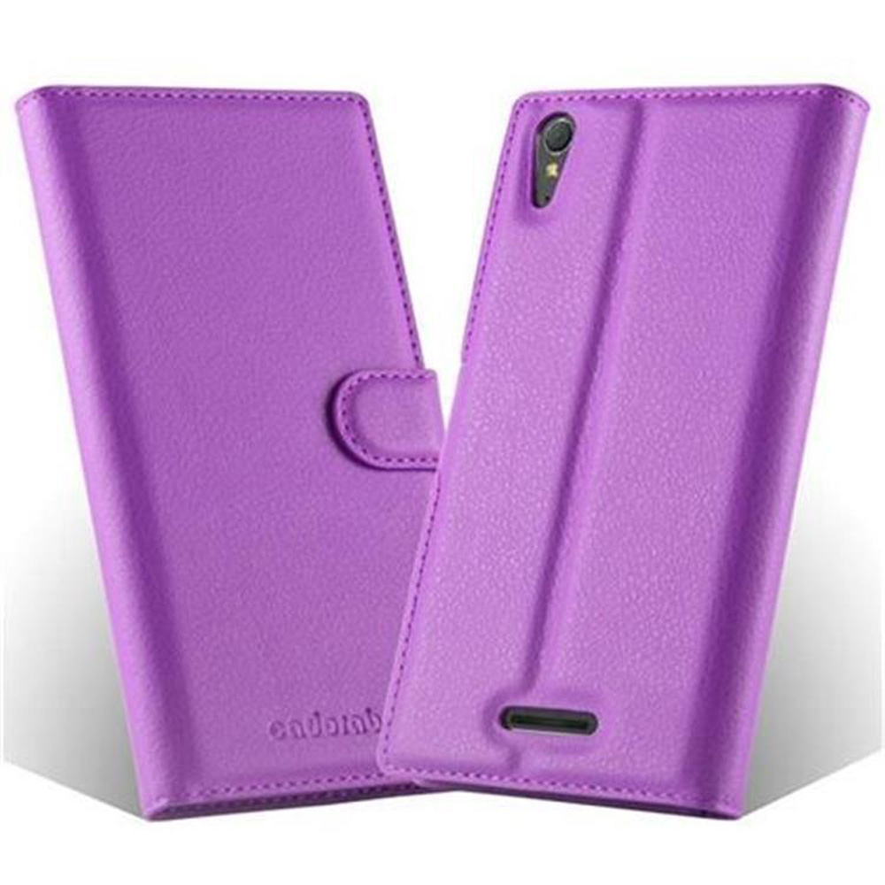 Custodia per telefono viola, aperta. La custodia ha una chiusura magnetica e uno slot per un telefono.