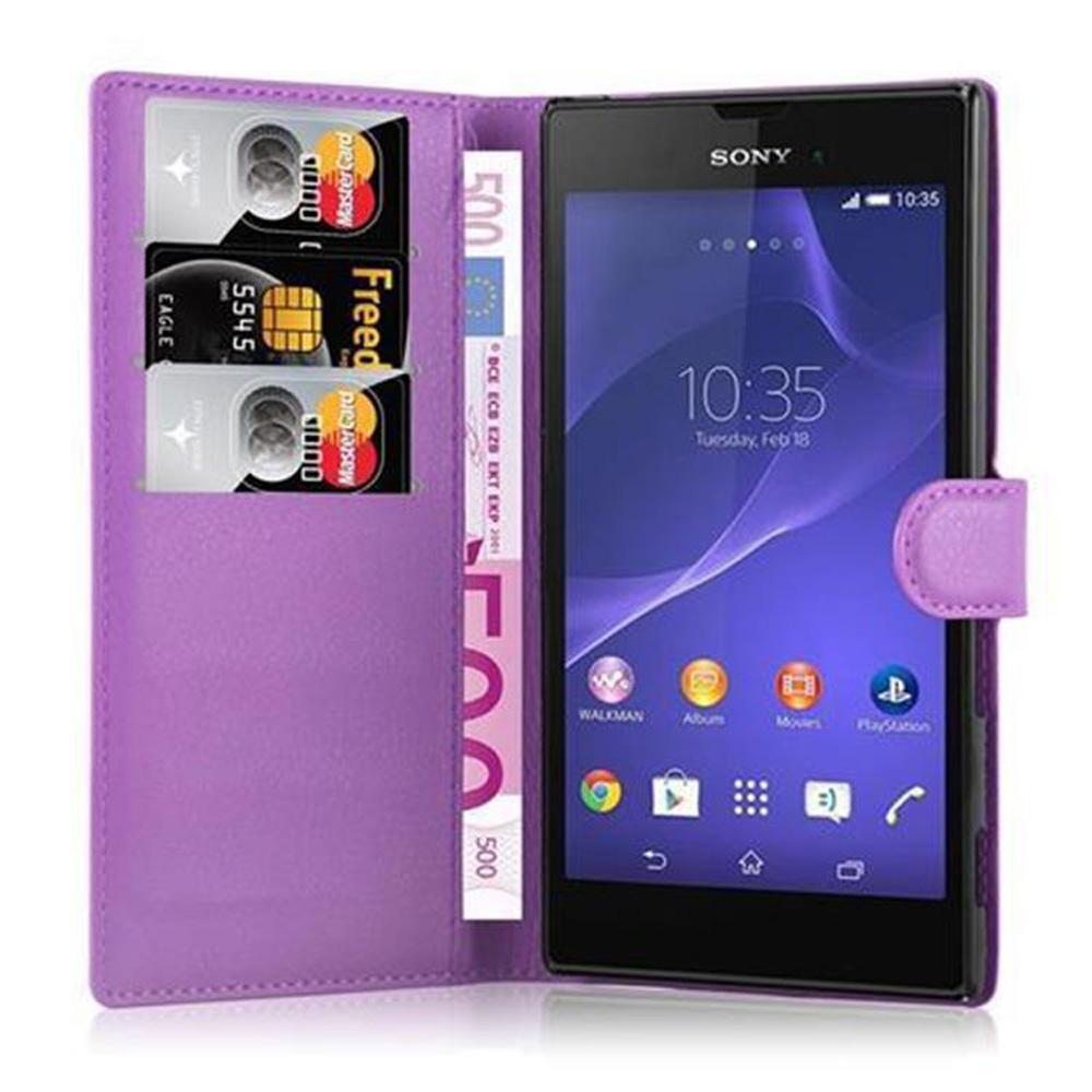 Custodia per telefono viola, aperta, mostra carte e telefono con schermo acceso.