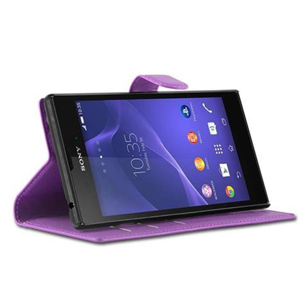 Una custodia viola per telefono con un telefono all'interno. Lo schermo del telefono è visibile.