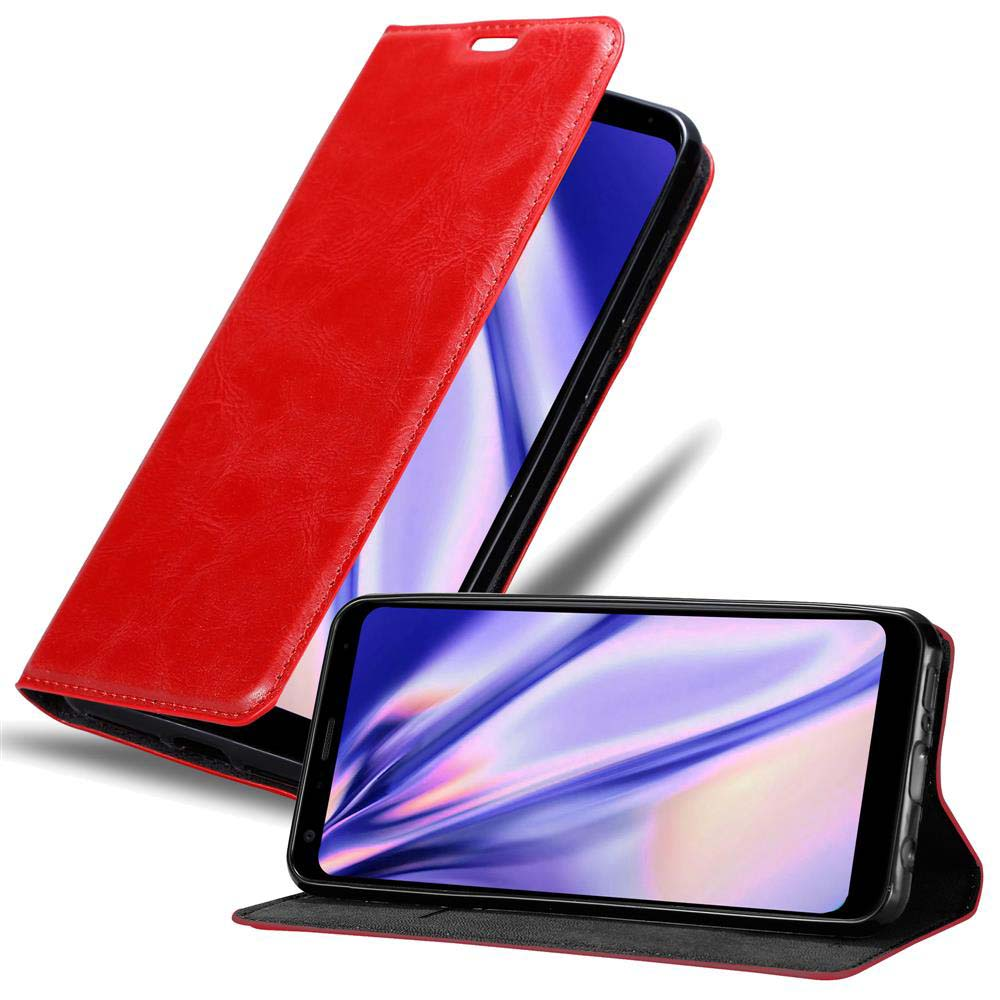 Custodia rossa con telefono. La custodia è aperta e chiusa. Lo sfondo è bianco.
