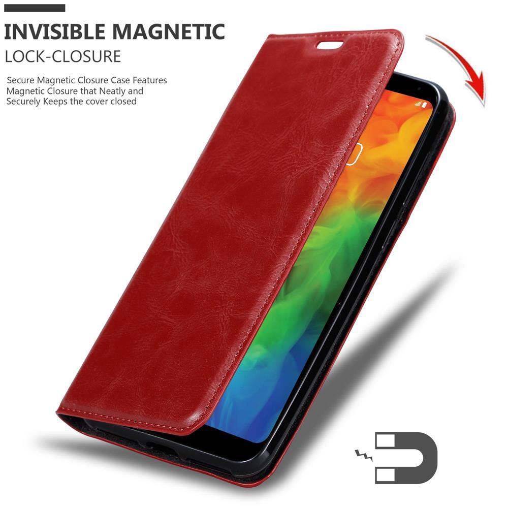 Una custodia rossa per telefono aperta con un telefono all'interno e un testo in alto: Chiusura magnetica invisibile.