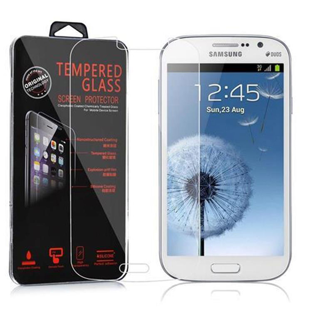 Scatola di protezione dello schermo del telefono accanto a un telefono Samsung bianco che mostra un'immagine di dente di leone.