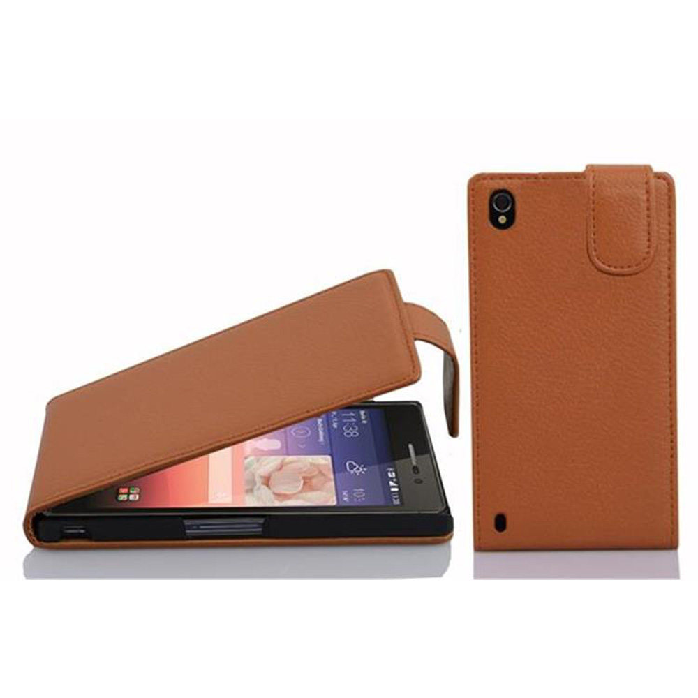 Funda de teléfono marrón abierta con teléfono dentro. Otra funda marrón cerrada de pie.