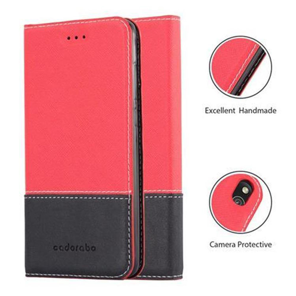 Funda roja y negra. Funda abierta con teléfono. Texto: Protector de cámara, hecho a mano.