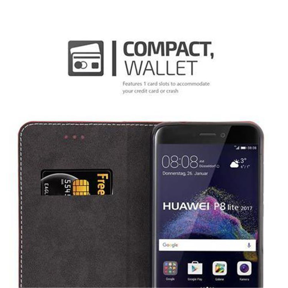 Teléfono en funda tipo cartera. Texto: Cartera compacta. Tiene 1 ranura para tarjetas. El teléfono muestra hora y fecha.