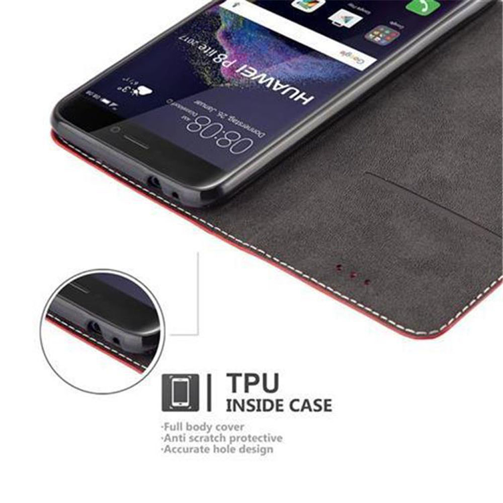 Teléfono en una funda con una raya roja. El teléfono muestra la hora y la fecha. TPU dentro de la funda, cubierta completa.