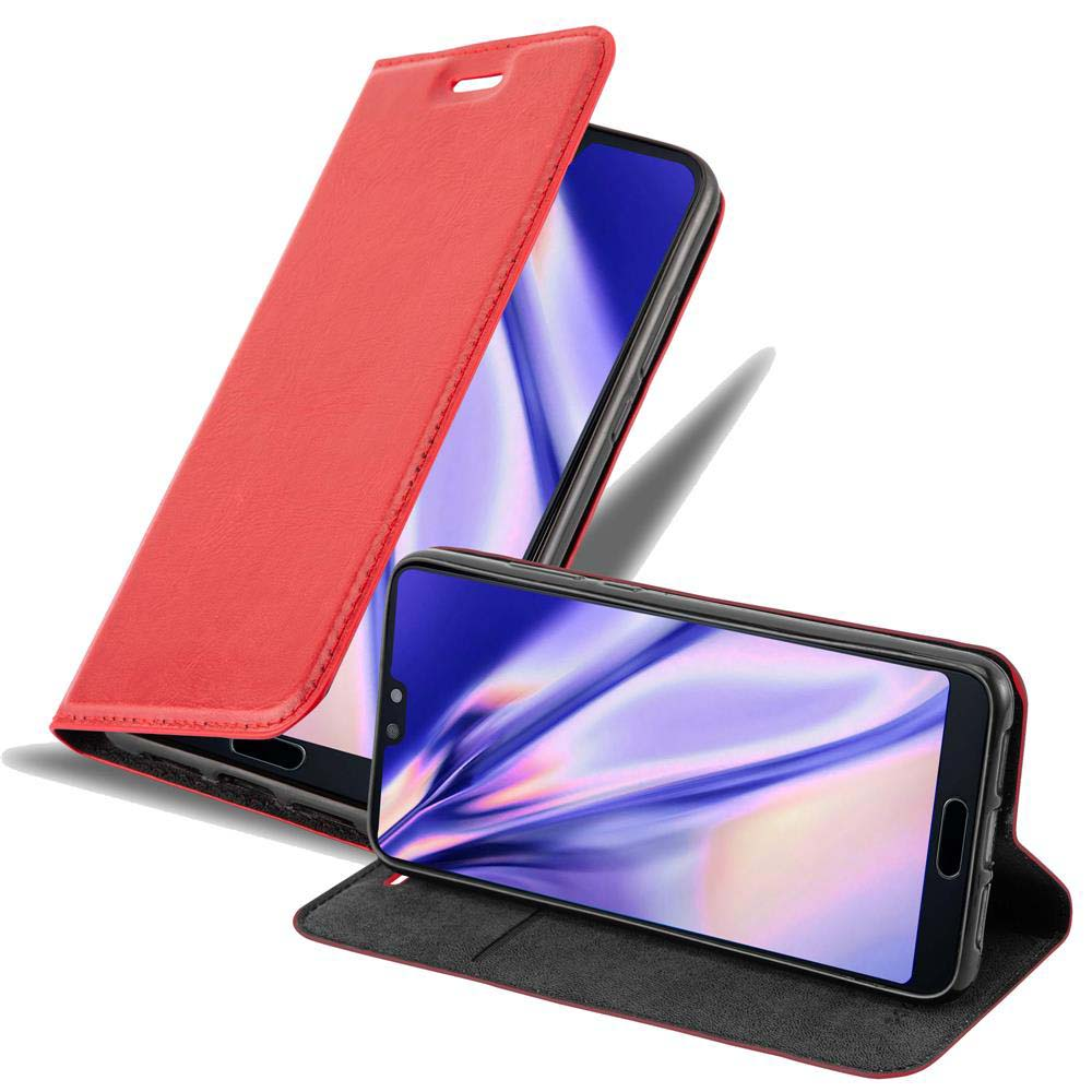Rote Handyhülle mit offenem Deckel, der einen Bildschirm zeigt. Ein weiteres Telefon ist unten geöffnet. Weißer Hintergrund.