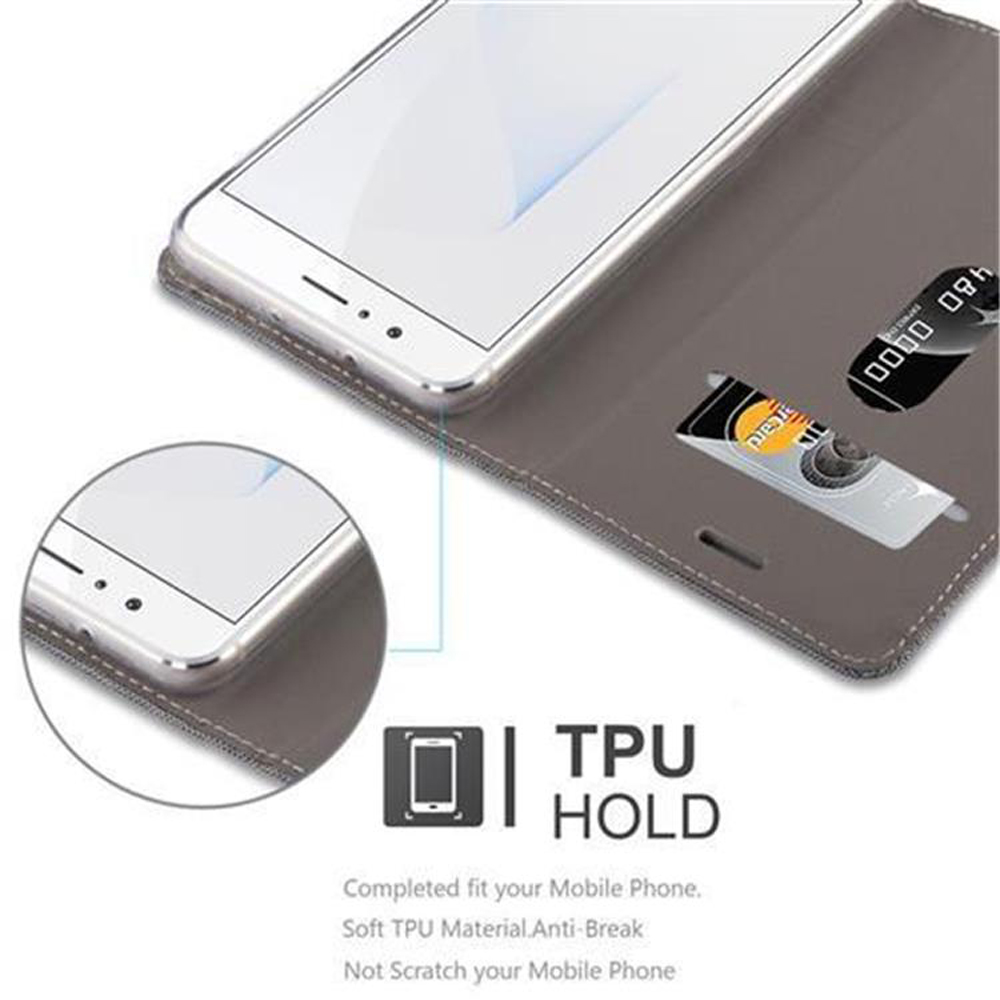 Telefono con custodia grigia, con carta di credito all'interno. Dettaglio dello schermo e testo TPU.