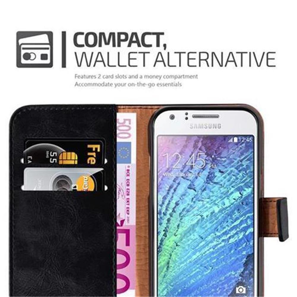 Telefono in una custodia a portafoglio con 2 fessure per carte, un vano porta soldi e una carta visibile. Il telefono mostra l'ora.