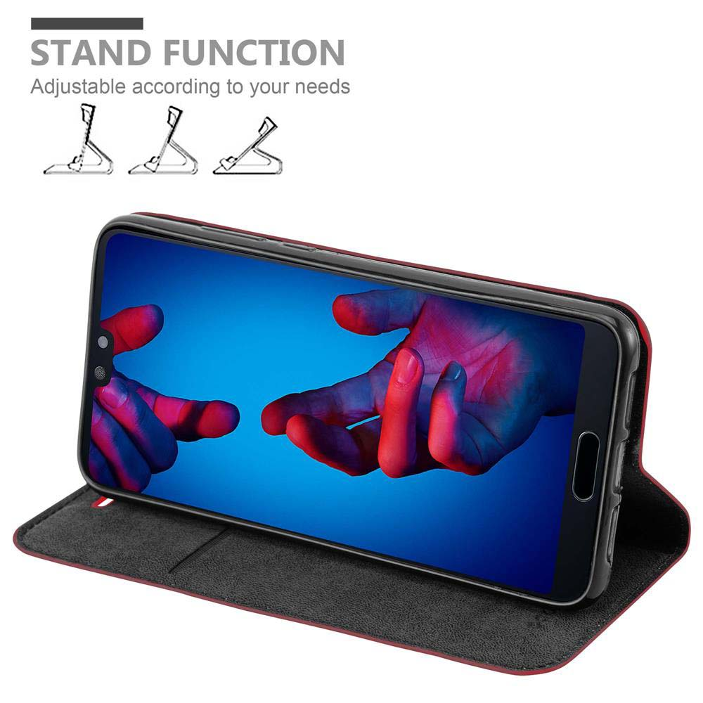 Telefon in einer Folio-Hülle, geöffnet, um den Bildschirm mit einem Handbild anzuzeigen. Die Standfunktion wird ebenfalls gezeigt.