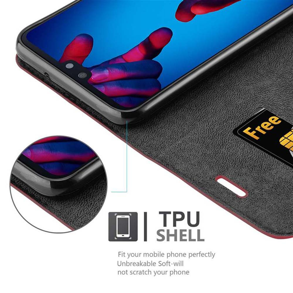 Schwarze Handyhülle mit Telefon darin. Telefon zeigt Bild. Karte und Text 'TPU Shell'.