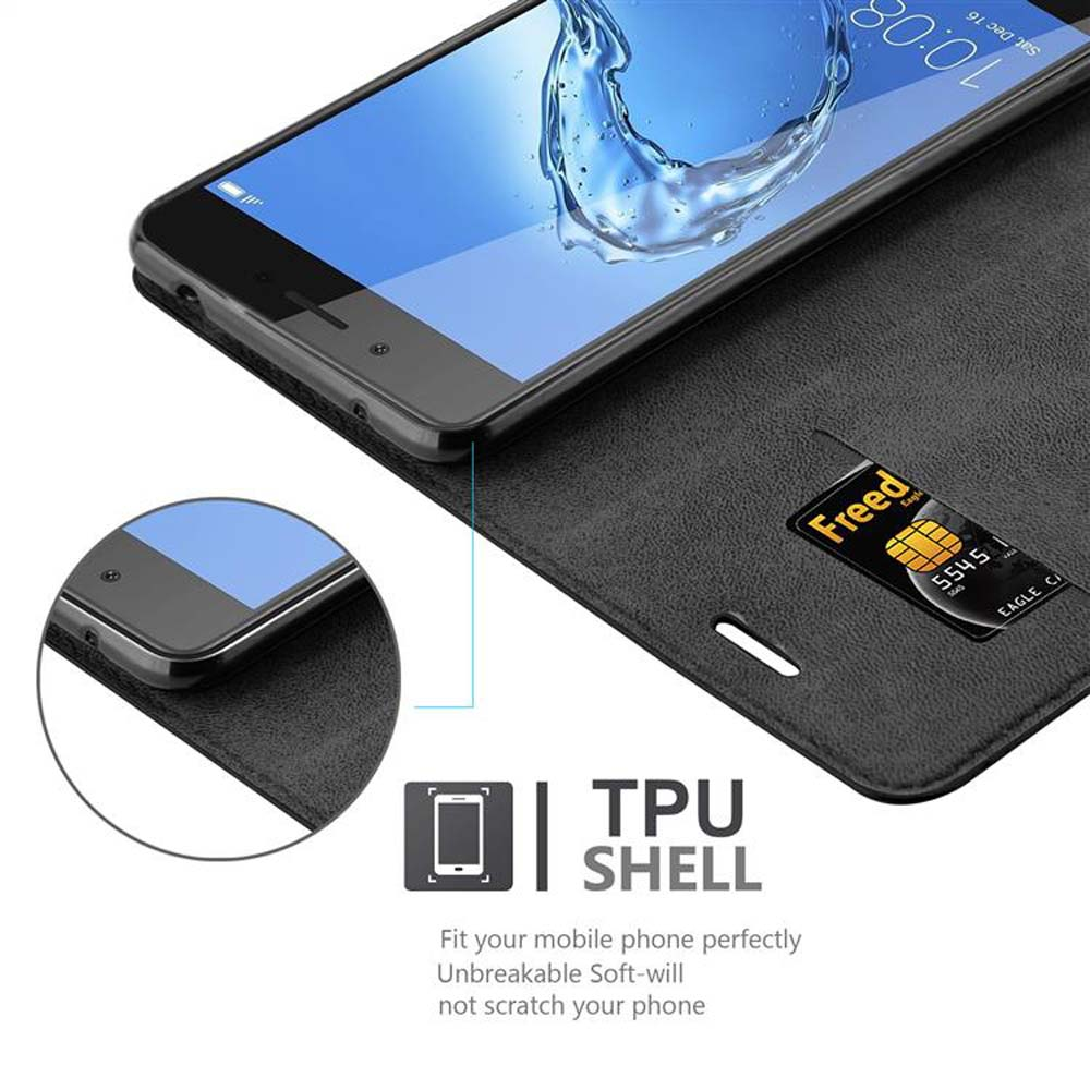 Un telefono nero in una custodia nera, aperto. Mostra uno schermo e uno slot per schede con scheda. Testo: TPU SHELL.