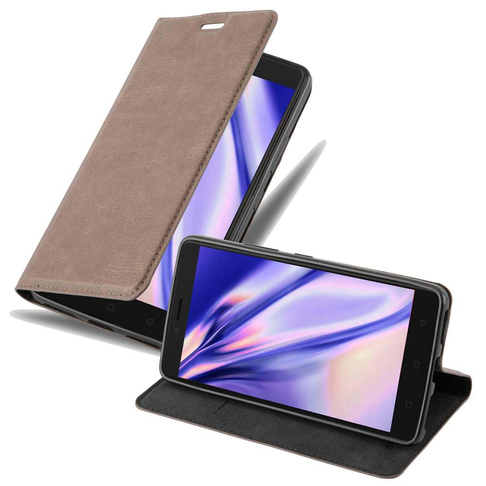Una funda de teléfono marrón, abierta y cerrada, con un teléfono dentro. La pantalla es visible.