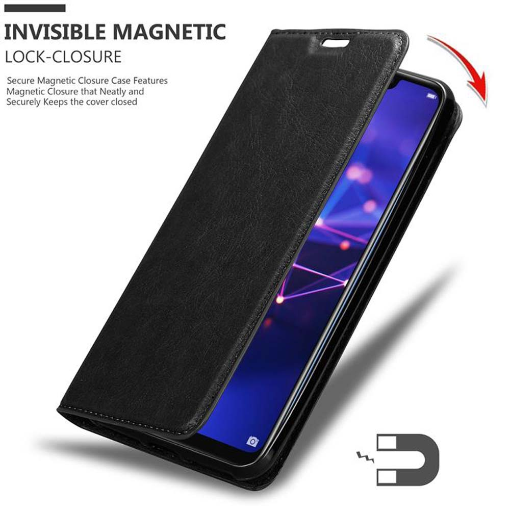 Eine schwarze Handyhülle geöffnet mit einem Telefon darin und einem Text oben: Unsichtbarer Magnetverschluss.