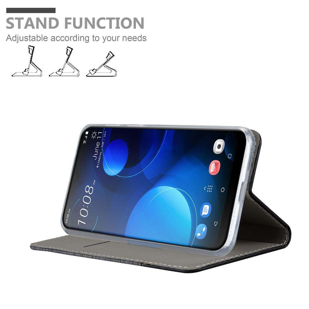 Telefon in einer grauen Hülle, mit Standfunktion aufgestellt. Standfunktion Grafik ist oben links.
