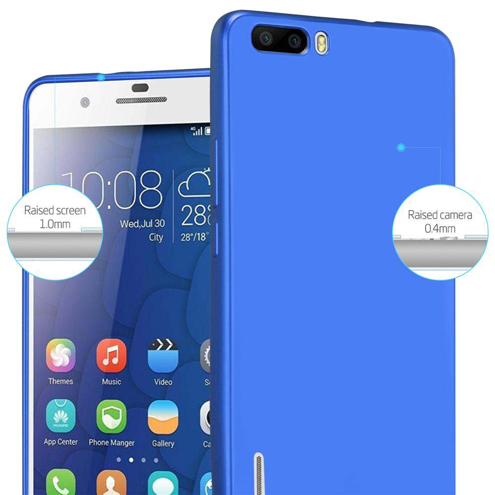 Custodia blu per telefono con un telefono dentro. Il telefono mostra l'ora. La custodia ha uno schermo e una fotocamera rialzati.