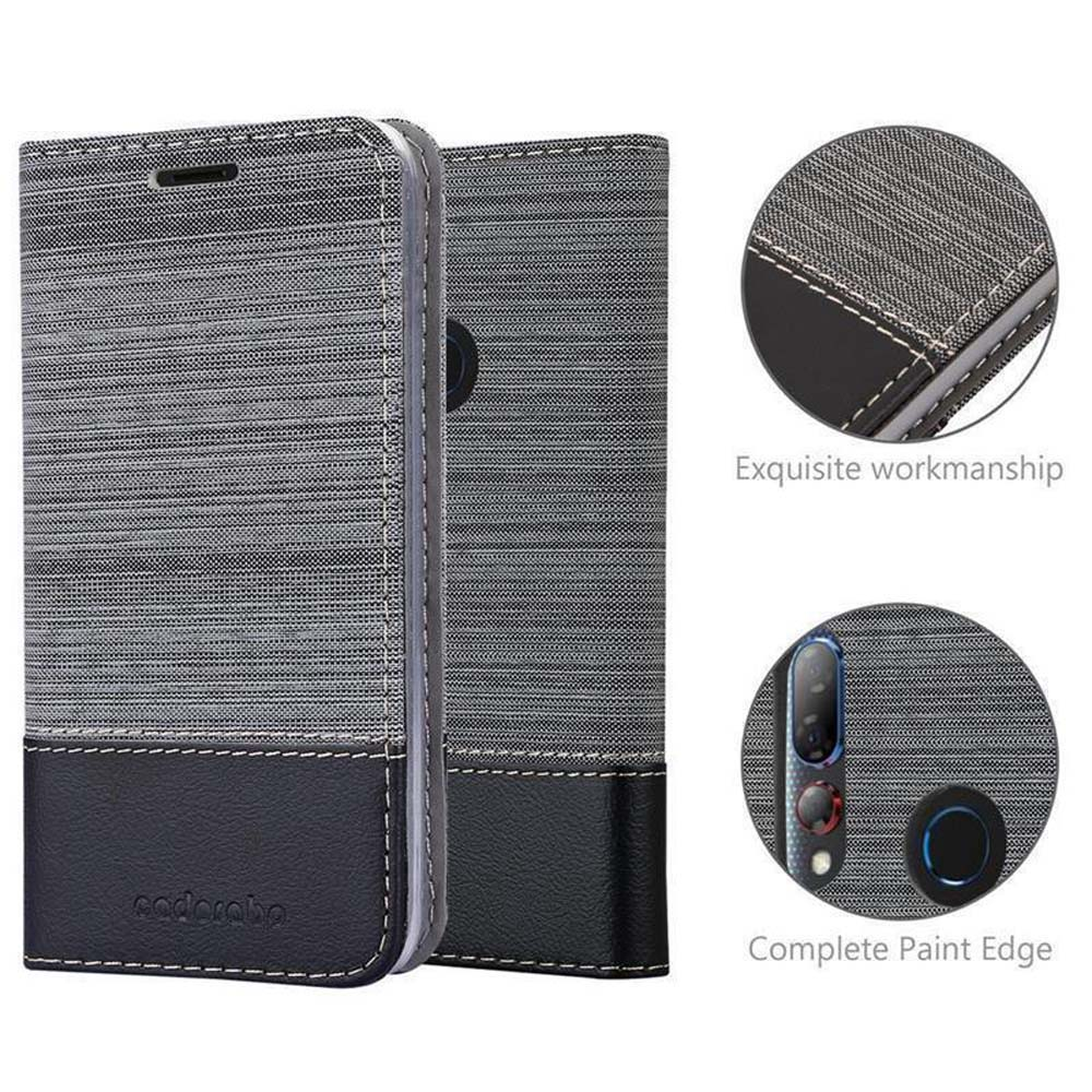 Grau-schwarze Handyhülle mit Telefon und Detailbildern der Hülle.