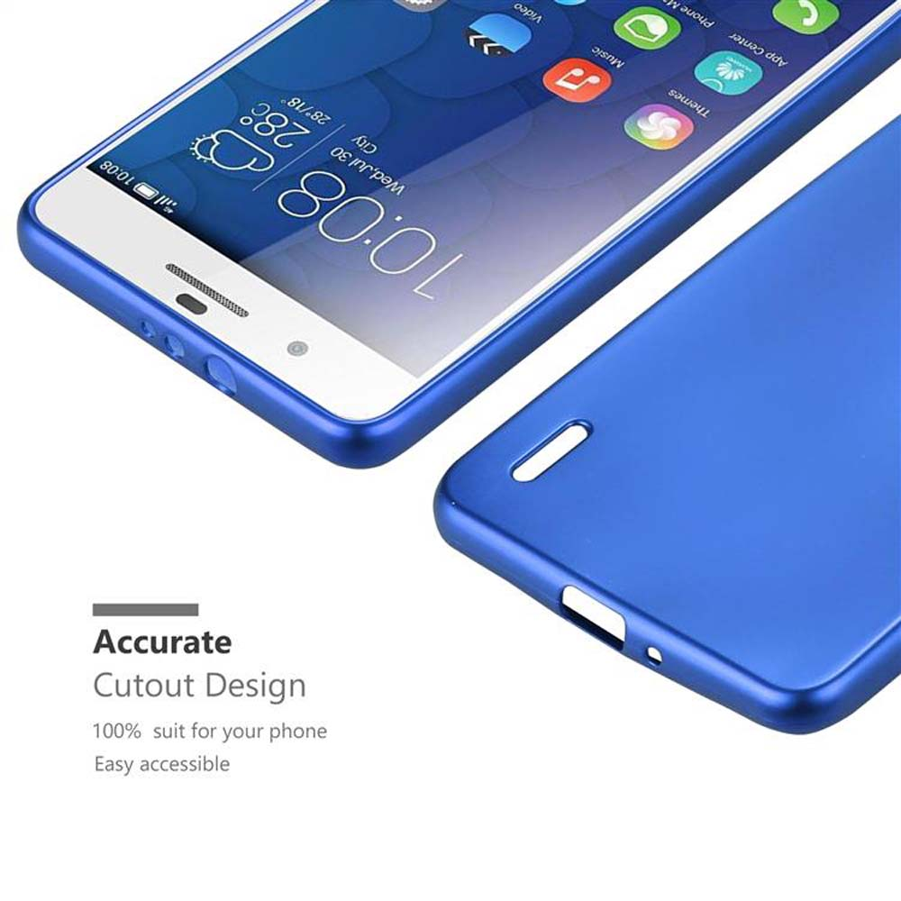 Un telefono blu accanto alla sua custodia abbinata. Lo schermo del telefono è acceso, mostrando icone.