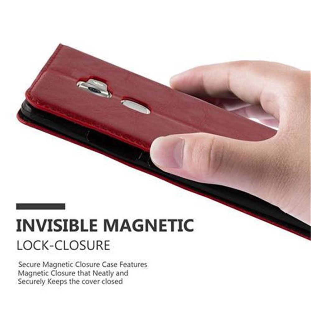 Eine Hand hält eine rote Handyhülle. Text lautet 'Invisible Magnetic Lock-Closure'. Die Hülle ist dunkelrot.