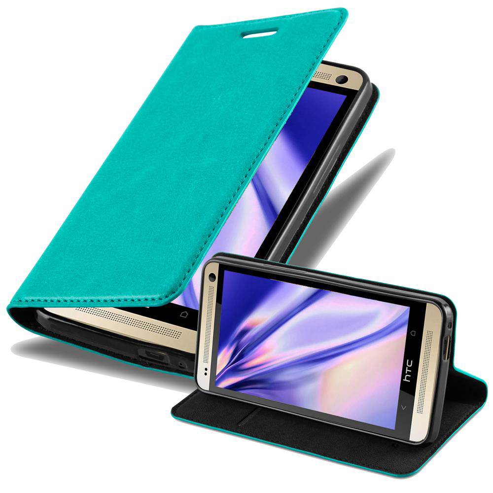 Funda de teléfono turquesa con dos teléfonos dentro. La funda está abierta, teléfonos visibles.