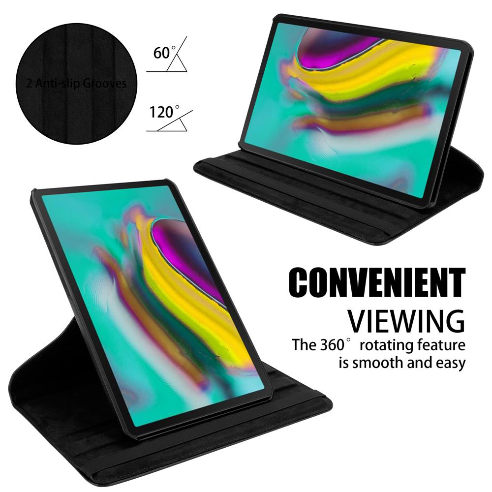 Schwarzes Tablet in einer schwarzen Hülle, abgewinkelt und aufrecht. Weißer Hintergrund.