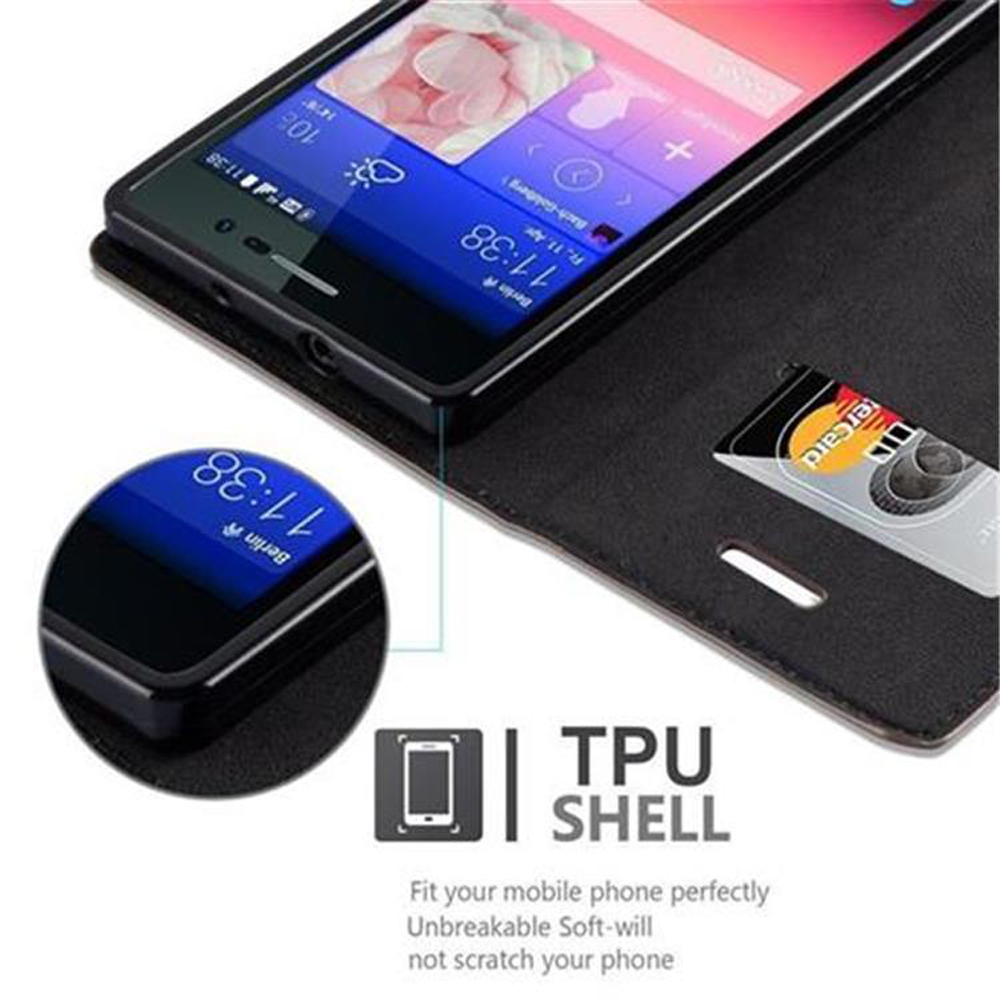 Un teléfono en una funda, mostrando una tarjeta de crédito en la ranura. La pantalla muestra una visualización oscura.