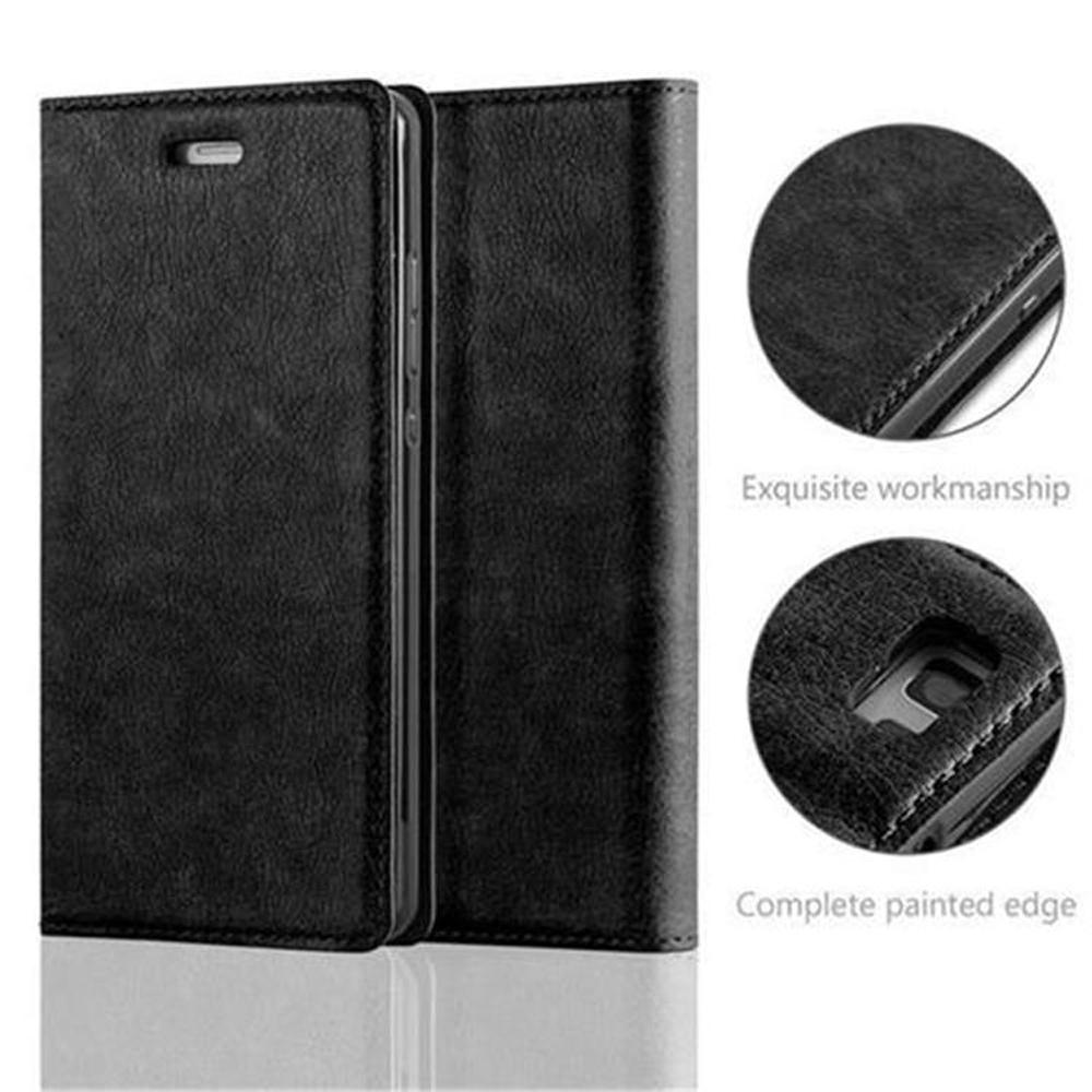 Funda de teléfono de cuero negro. Se ven dos mitades. Detalles de cerca muestran costuras y un borde completamente pintado.