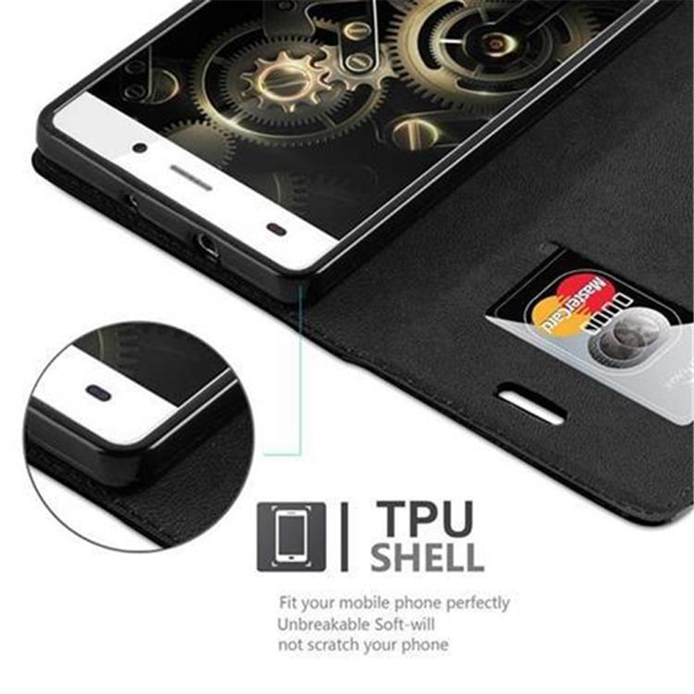 Una funda negra para teléfono abierta con un teléfono dentro. El teléfono muestra una pantalla y una tarjeta de crédito.