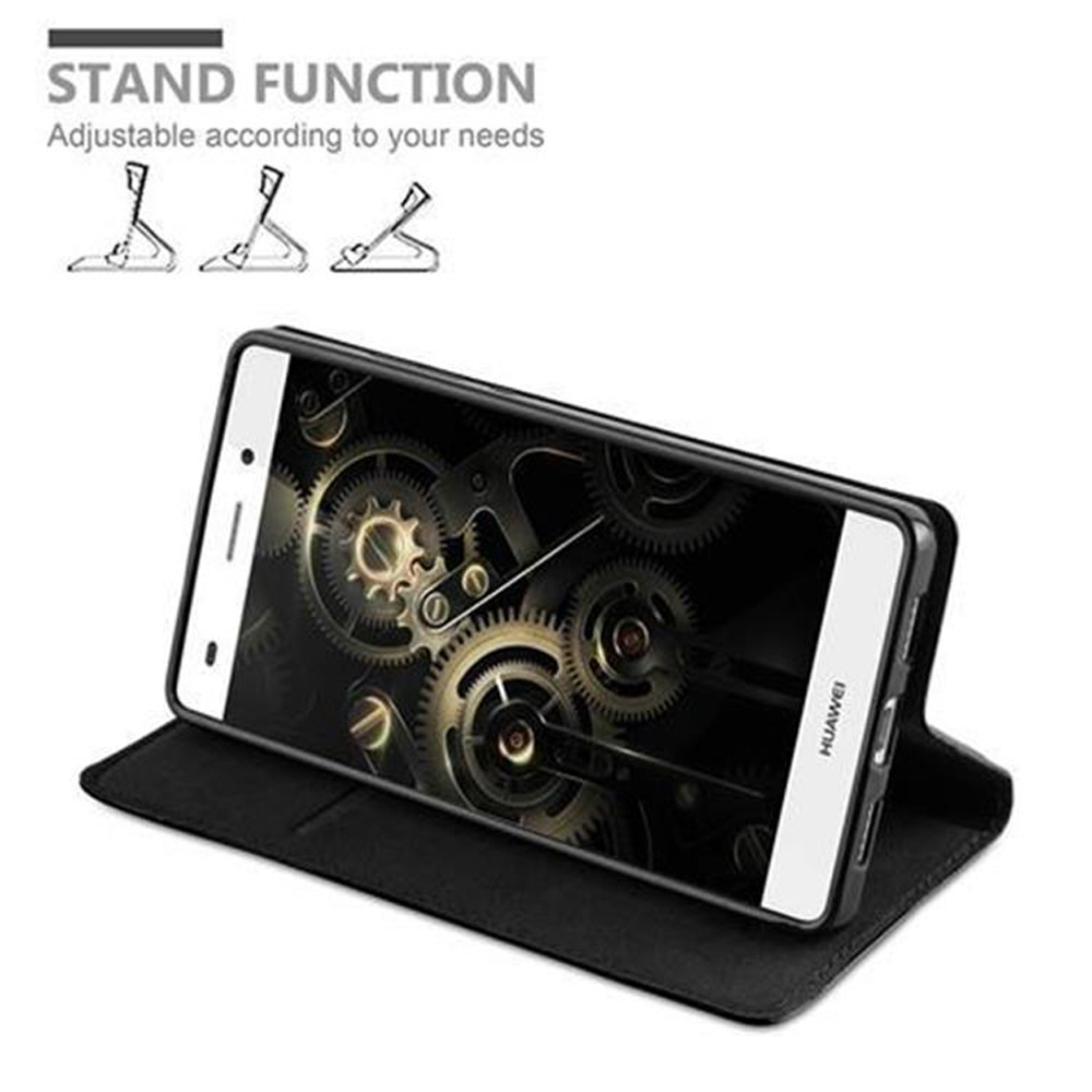 Un teléfono en una funda, de pie. La pantalla del teléfono muestra un diseño mecánico. Fondo blanco.