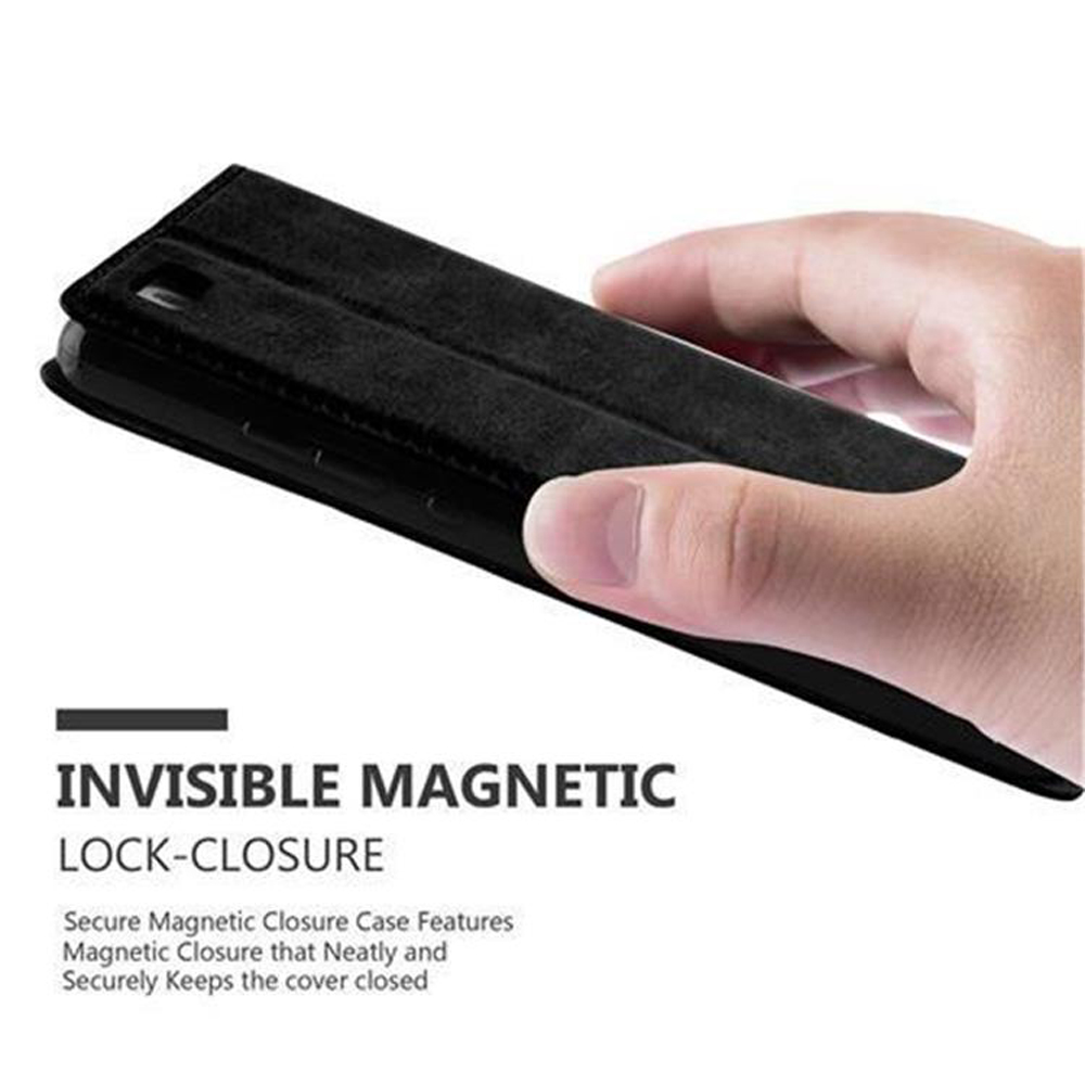 Una mano sosteniendo una funda negra para teléfono, con el texto 'Cierre de bloqueo magnético invisible'.