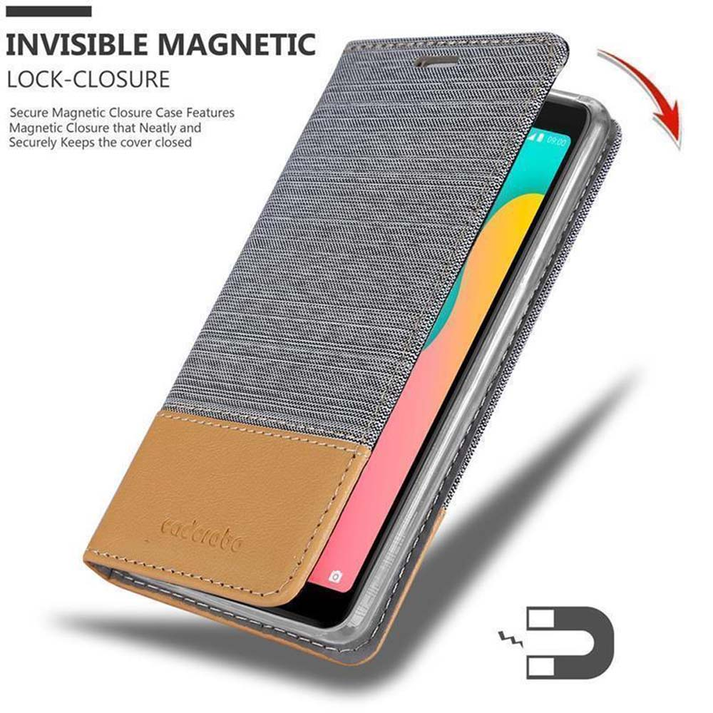Telefono in una custodia con frontale in tessuto. La custodia è aperta. Il coperchio ha una chiusura magnetica.