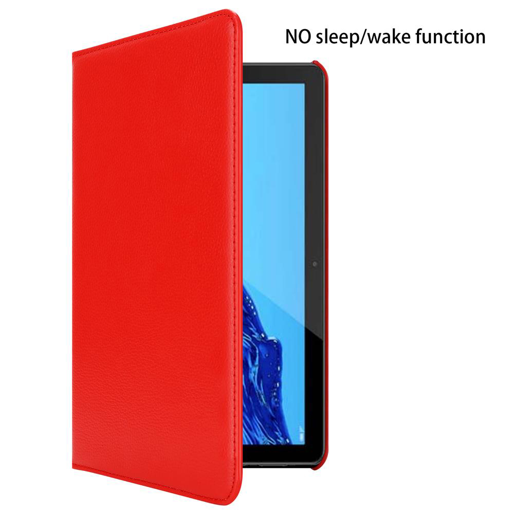 Rote Tablet-Hülle aus Leder, teilweise geöffnet, zeigt den schwarzen Bildschirm eines Tablets. Text: „KEINE Schlaf-/Weckfunktion“.