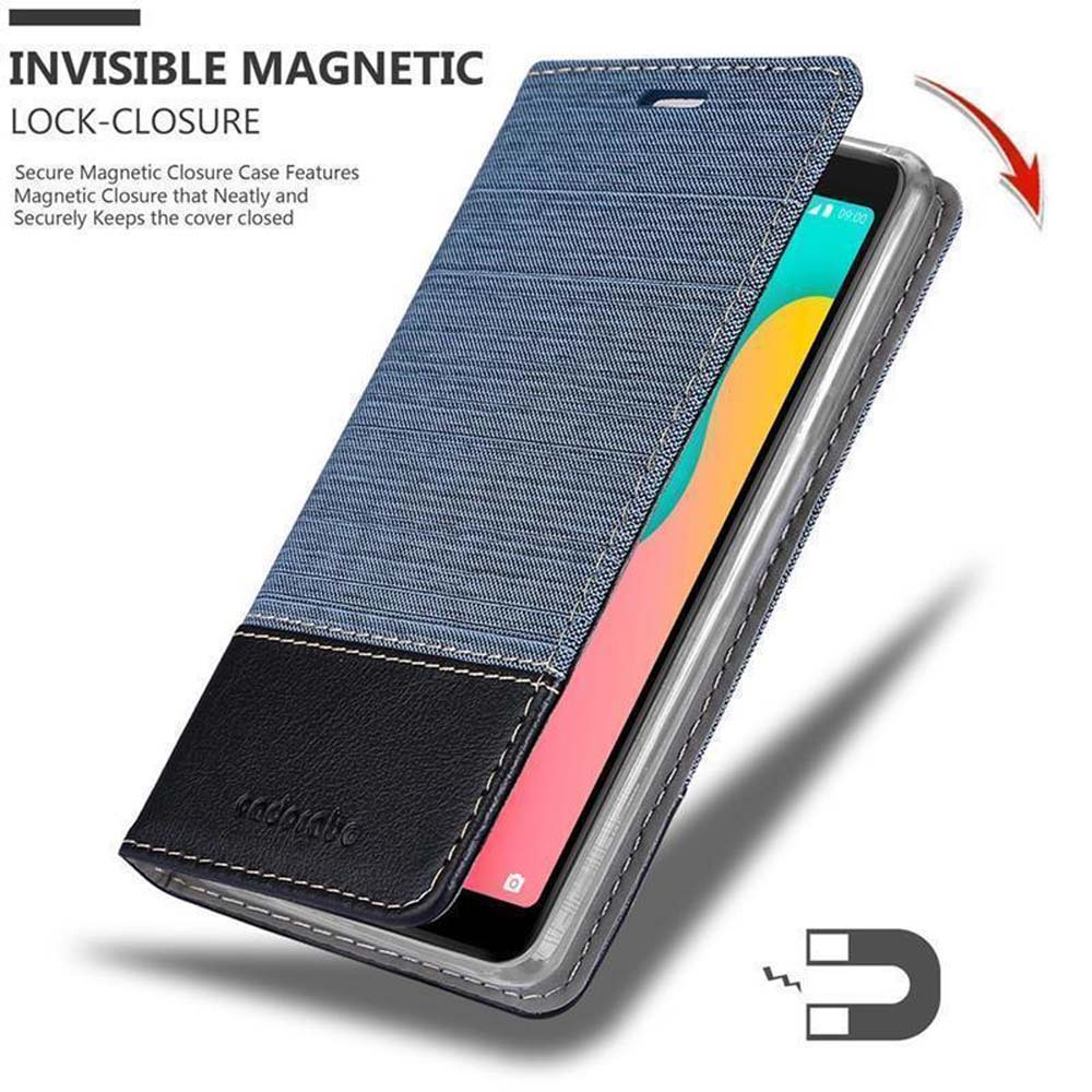 Telefono in custodia blu con coperchio aperto. Simbolo magnete mostra chiusura magnetica.