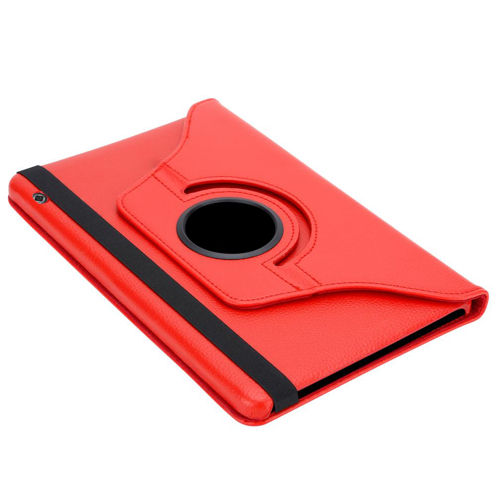 Eine rote Tablet-Hülle mit einem schwarzen Gummiband und einem Drehdesign. Verfügt über ein schwarzes kreisförmiges Design.