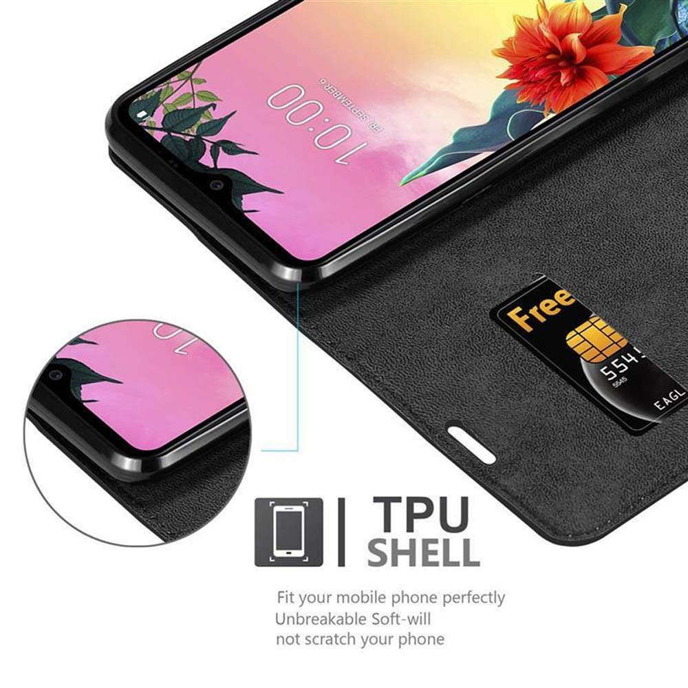 Telefono in custodia nera con carta, primo piano dello schermo e testo: TPU SHELL.