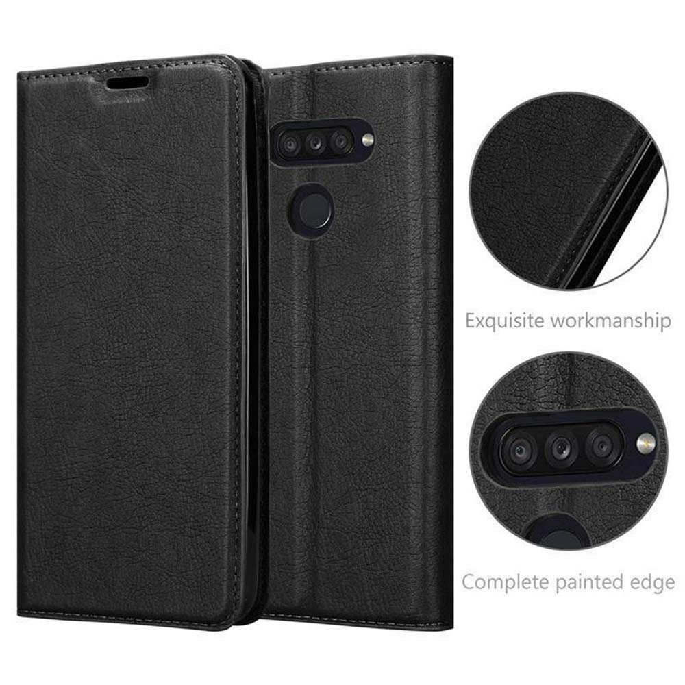 Custodia per telefono in pelle nera con cuciture dettagliate e chiusura magnetica. Primo piano del bordo.