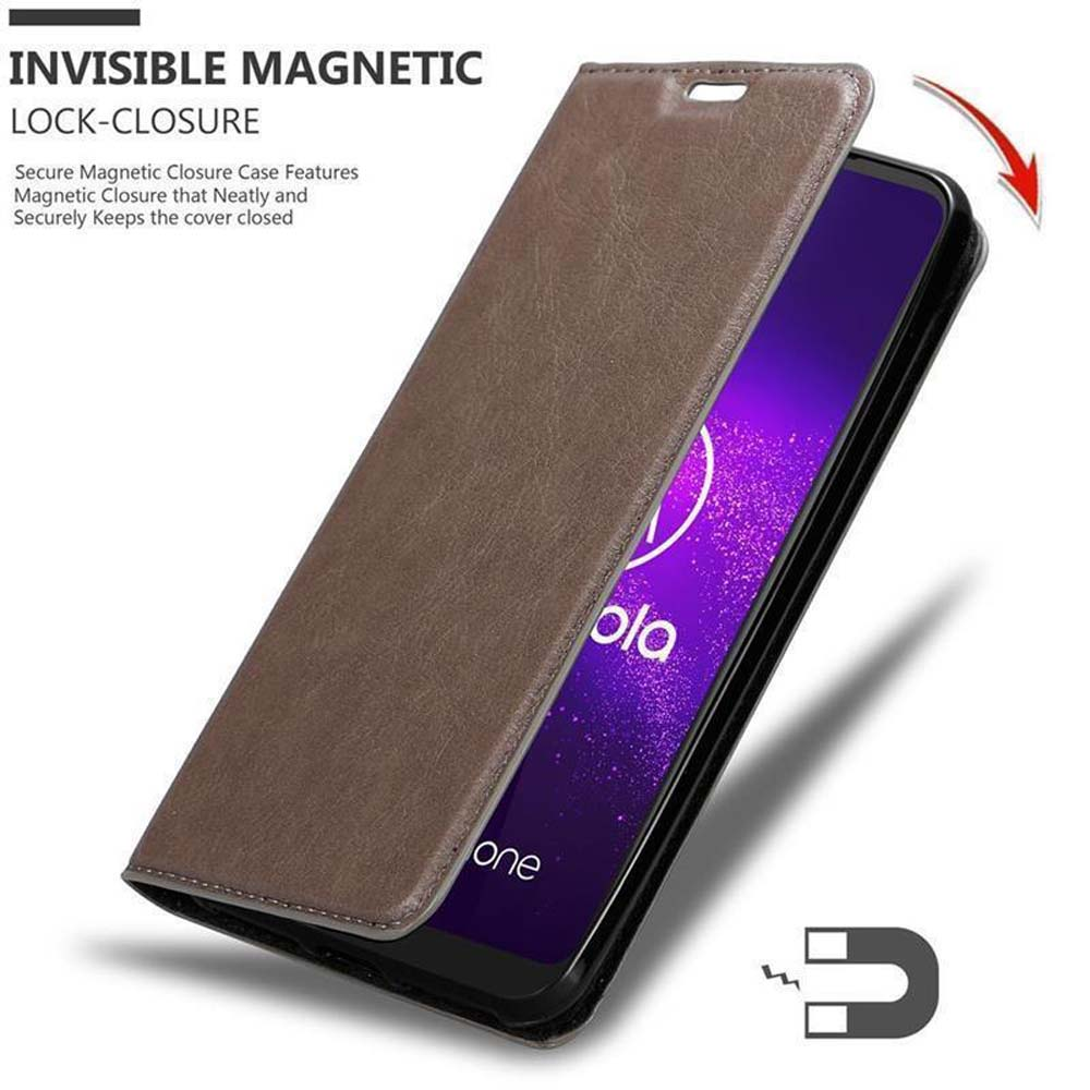 Telefono in una custodia marrone con chiusura magnetica. La custodia è aperta.