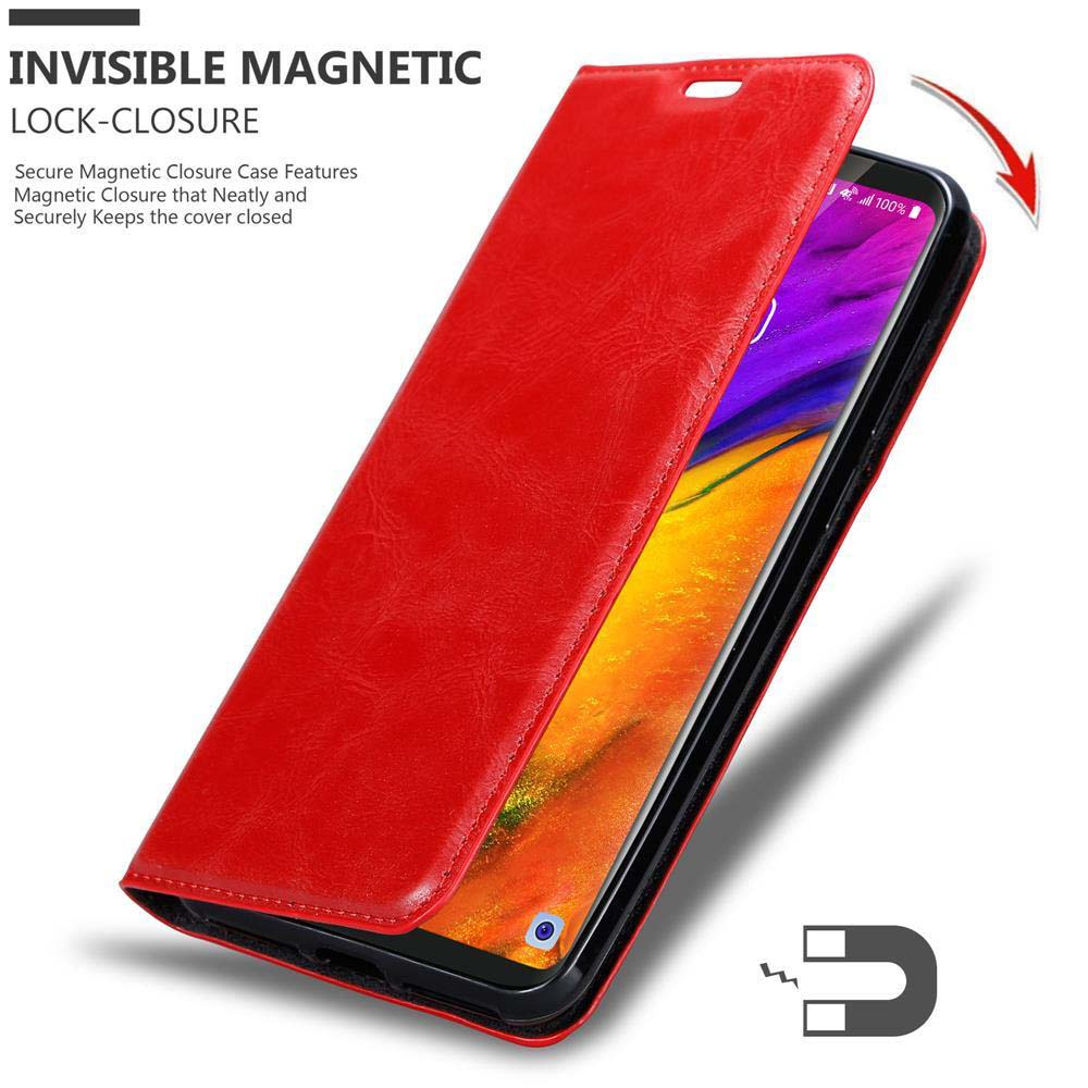 Custodia per telefono rossa, aperta, che rivela un telefono. Testo: Chiusura magnetica invisibile. Viene mostrato un magnete.
