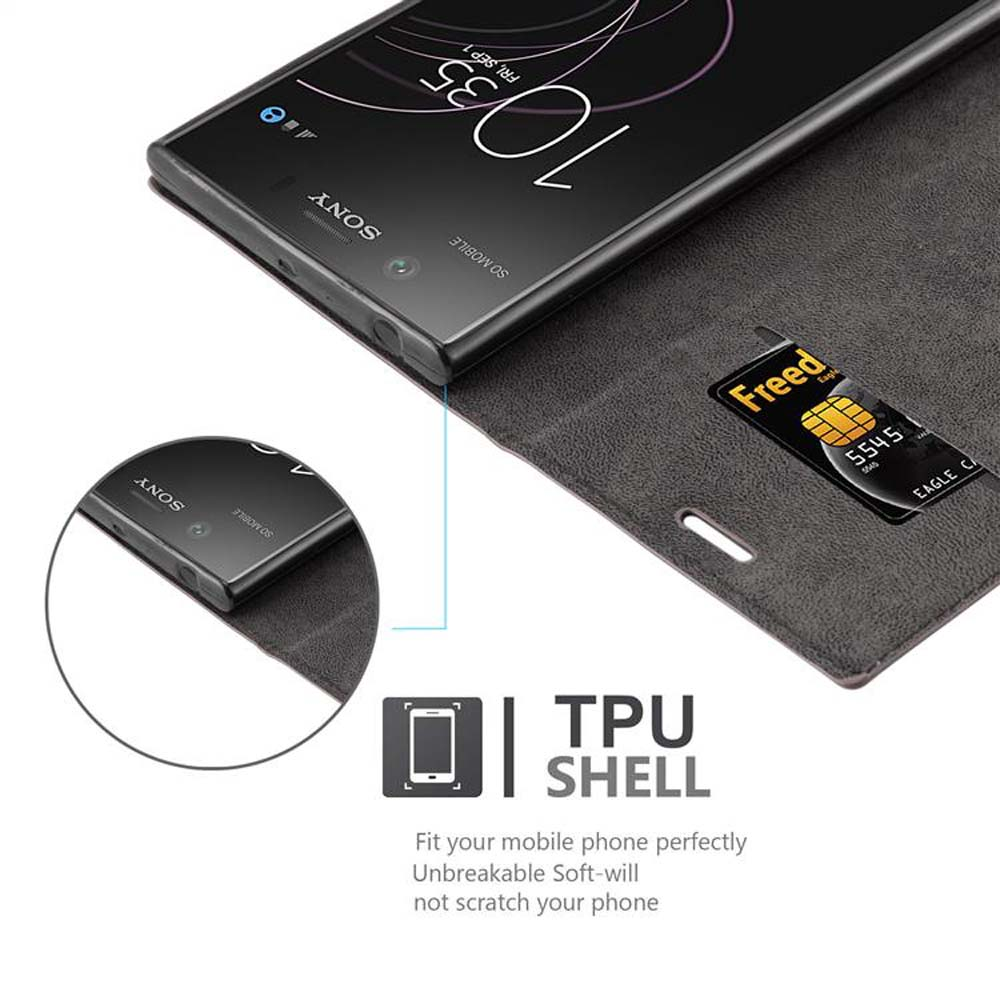 Un telefono nero in una custodia a portafoglio, con uno slot per schede SIM visibile. Il telefono mostra l'ora.