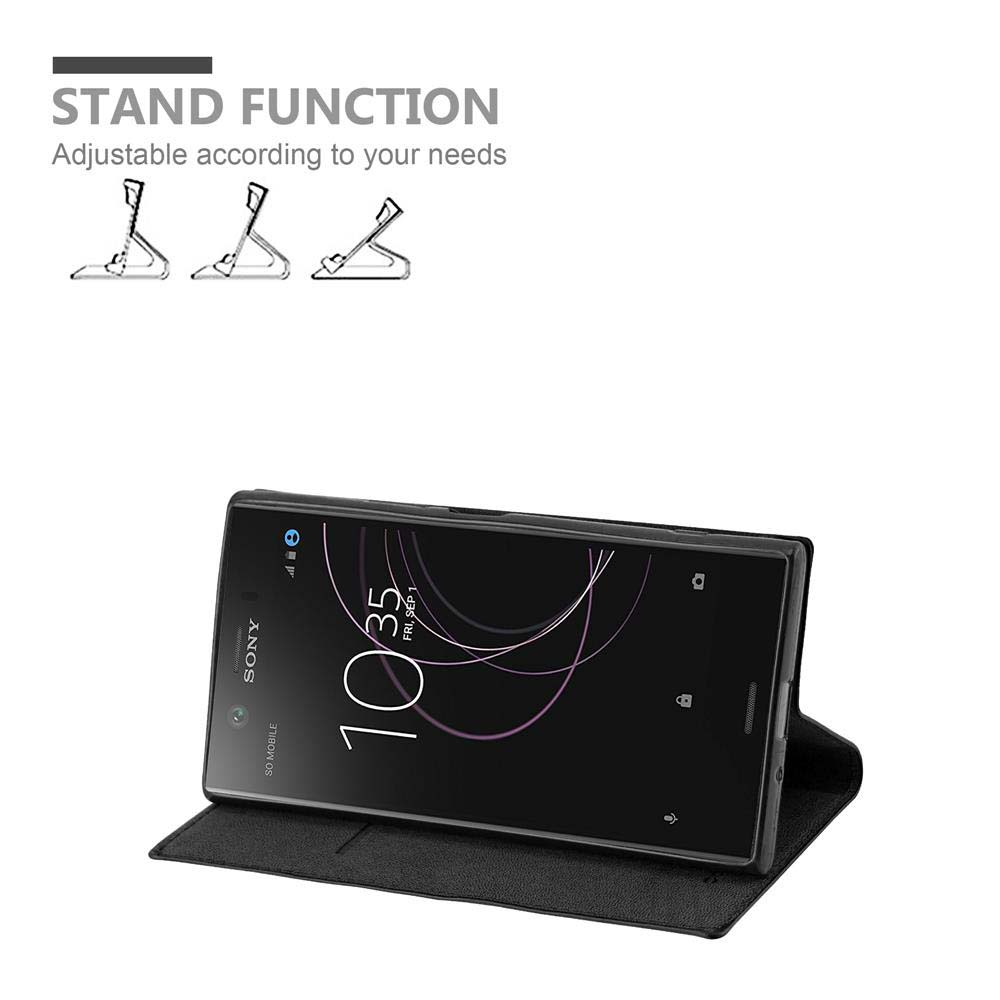 Smartphone nero in una custodia nera aperta. Il testo in alto recita "STAND FUNCTION". Tre illustrazioni di supporto.