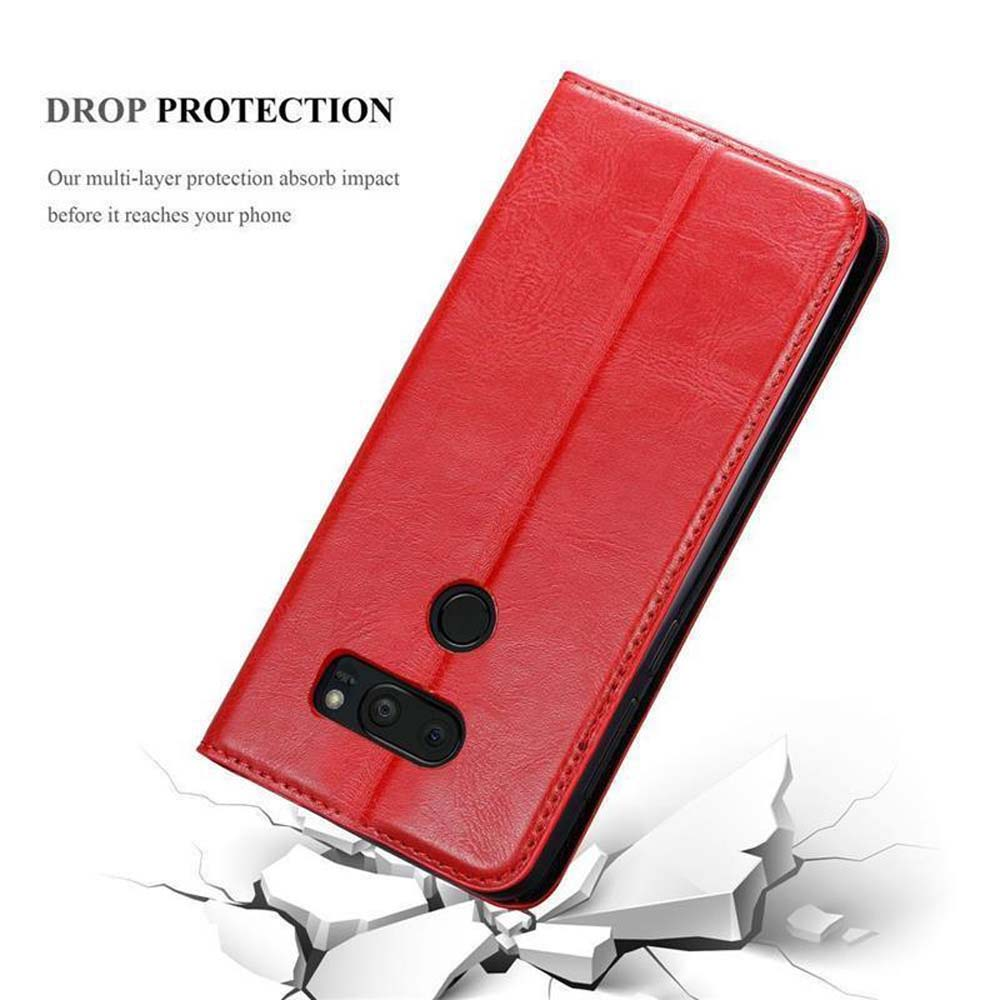 Una custodia rossa protegge un telefono che rompe una superficie, mostrando la protezione dalle cadute.