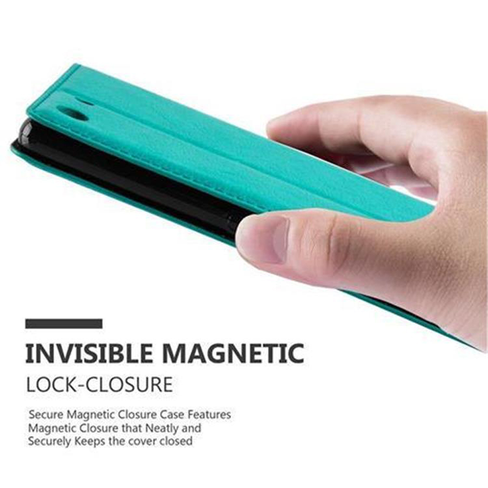 Una mano sosteniendo una funda de teléfono negra cerrada; el texto dice: Invisible Magnetic Lock-Closure.